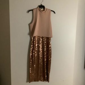 Pink mock neck sequined midi dress